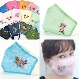 Yido Ramie Flower Embroidered Cool Summer Mask Filter Compatible - Black 3ea