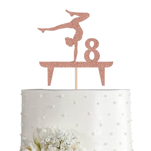 Rose Gymnastic 8 Cake Topper, Girl Rose Gold Glitter Gymnast 8th Birthday Party Decoration