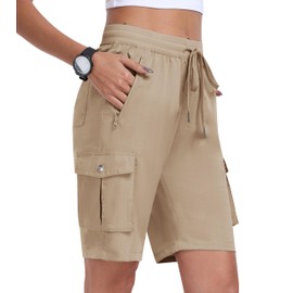 MoFiz Women Home Casual 10" Cargo Short with Zipper Pocket Breathable Outdoor Summer Hiking Athletic Short Khaki,3XL