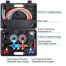 YSTOOL 3 Way AC Manifold Diagnostic Gauge Air Conditioner R1234yf Refrigerant Charging Set with 5FT Hose Quick Couplers Valve Core Tool Kit