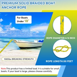 Premium Anchor Rope 50 ft x 3/8 inch, Solid Braid MFP Anchor Line Boat Rope Marine Rope,Boat Anchor Rope with Thimble & Shackle - Yellow/Blue