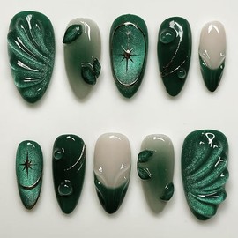 ONPRESS 24Pcs Dark Green Press on Nails Medium Almond Fake Nails with Shell Water Drop Design Gold Star Gradient Viridity Glue on Nails Emerald French Tip Stick on Nails for Women Decoration