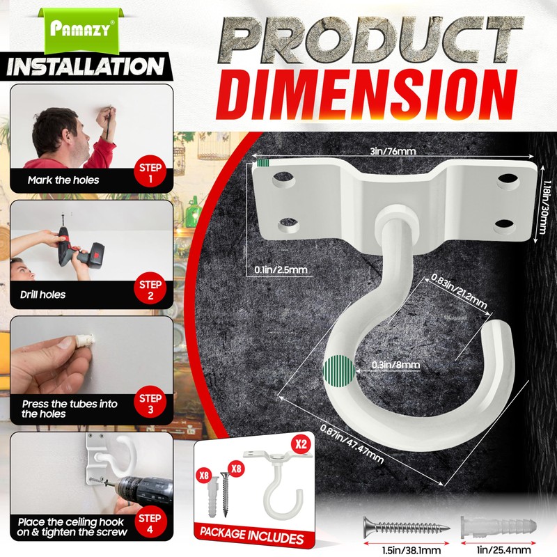 [UPGRADED] 2Pcs 200LBS Rotatable Ceiling Hooks with 4 Screw Points