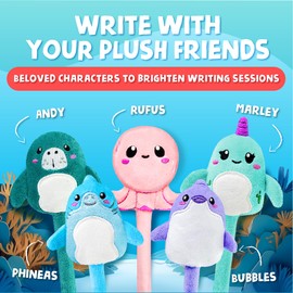 BUNMO Cute Pens - Plush Fun Pens w/Soft Grip & 10 Colorful Refills - Gifts for Tweens - Fun Pencils for Kids - Ocean Animals - Gift for Teens - Squishies for Kids - Plush 5 Pack