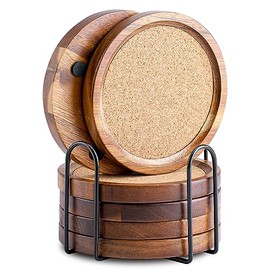 Posavasos de Corcho de Madera para Bebidas Absorbentes con Soporte, WLWNWFT Juego de Posavasos de Madera de Acacia Rsticos de Granja para Mesa de Caf 