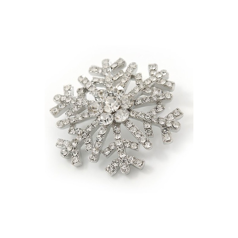 Clear Crystal 'Snowflake' Brooch In Silver Plating - 4cm Diameter