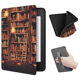 ERUNTO Case for 6.8 inch Kindle Paperwhite (11th Generation in 2021), Fabric Texture and Back Hand Strap, Magnetic Case with Smart Wake/Sleep Function (Gold Bookshelf)