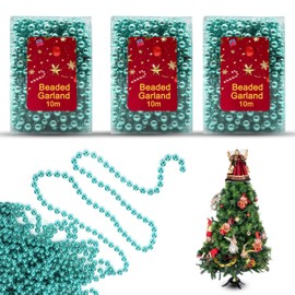 3x Turquoise 10M Bead Garlands, Luxury Plastic Christmas Bead Chains, Shiny Pearl Beads for Xmas Tree, Party Decor, Hanging Ornaments, DIY Crafts & Jewellery