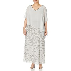 J Kara Women's Caplet V-Neck Mock 2 Piece Beaded Dress, Silver Multi, 8