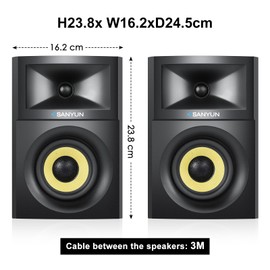 Sanyun SW205 80W 4” Powered Bookshelf Speakers with Wooden Cabinet - Innovative Exterior Designs and Advanced DSP Chips - Optical 3.5mm Aux and Bluetooth 5.4 Inputs – Wireless Remote (Pair, Black)