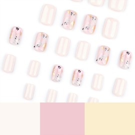 Press on Nails Short Square Fake Nails with Gold Leaf Flower Designs Spring Nails Press ons White Acrylic Nails Glossy Glue on Nails Cute False Nails Artificial Stick on Nails for Women 24Pcs