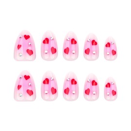 Valentines Press on Nails Short Almond Fake Nails with Hearts Design Oval Pink False Nails Glitter Diamond Valentines Nails Cute Full Cover Acrylic Glue on Nails Spring Stick on Nails for Women 24Pcs