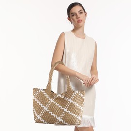 LIKEBAG Woven Tote Bag Womens Purse Vegan Leather Shoulder Handbags Fashion Summer Beach Tote Bags Large Travel Totes (Apricot-W)