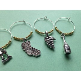 California Wine Charms, Gift for California Wine Lover. Charms include California State charm, wine bottle, corkscrew, Cheers with glasses, grapes, and picnic basket. Set of 4 to Set of 7.