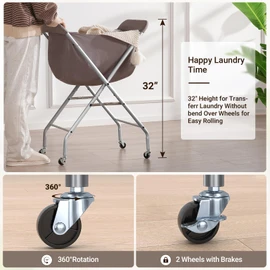 ELYKEN Laundry Cart with Wheels, 32”H Easy Rolling Laundry Hamper with Removable Liner Bag, Sturdy Metal Frame Clothes Basket with 4 Casters and 2 Brakes