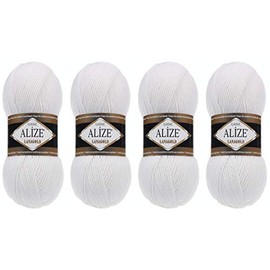 Alize Lanagold Yarn for Crochet, Knitting Crafting Wool,Hand Knitting Yarn Blend Warm Soft Natural Chunky Hand Woven Knitting Crochet Wool Lot of 4 skeins 400gr 1048 yds (55-White)