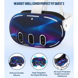 Silicone Cover Set Compatible with Oculus/Meta Quest 3, Touch Controller Grips Cover, VR Shell Cover, Facial Interface Cover, Protective Lens Cover, Tempered Glass Lens Caps (Aurora Blue)