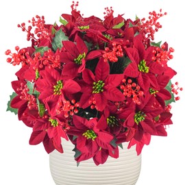 TORONTOKYO 12 Pieces Poinsettias Artificial Christmas Flowers Decoration, Artificial Red Poinsettia Flowers with Berries Fake Silk Poinsettia Flowers for Xmas Home Office Indoor Outdoor Decor