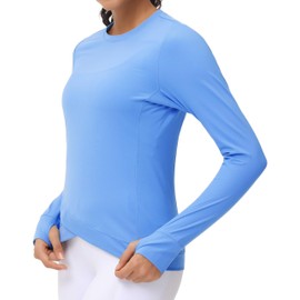 Women's Long Sleeve Compression Shirts Workout Tops Cross Hem Athletic Running Yoga T-Shirts with Thumb Hole Sea Blue