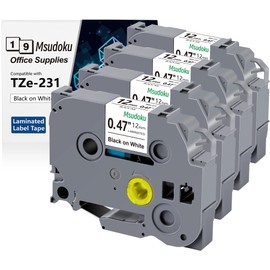 4 x Msudoku TZe-231 Compatible with Brother P Touch Tapes, 12 mm, TZ Tape, 0.47, White Laminated TZe231, TZ-231, Label Tape for P Touch PT-D200, PT-D410, PT-H110, PT-H105, PT-H107B, PT-H100R, PT-E100,