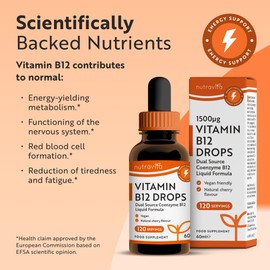 Nutravita Vitamin B12 Drops - 60ml - Vegan Vitamin B 12 Coenzyme Liquid - Natural Cherry Flavour - VIT B12 Liquid Drops - B Complex Methylcobalamin & Adenosylcobalamin - Brain, Heart & Energy