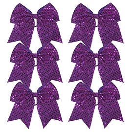 8 Inch Cheer Bows Cheerleader Ponytail Holder with Bling Fling Sequin Hair Tie Cheerleading Bows 6 Pcs (Purple)