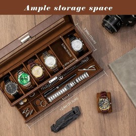 6 Slot Watch Box Organizer for Men, Watch Display Case with Drawer, Father's Day Gift Mens Watch Holder Watch Case for Men, 2-layer Jewelry and Watch Storage Case -6 Slot, Espresso organizer  storage