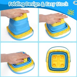 Anzmtosn Large Sandburg Beach Bucket Toy Set, 6 Pieces - Colourful Foldable Sand Bucket with Mesh Bag, Shovels & Moulds for Kids, Toddlers, Sandpit, Beach, Garden, Outdoor Toys