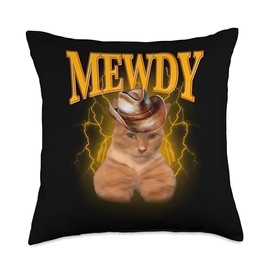 Mewdy Meme - Funny Mewing Cat Cowboy Hat Vintage Throw Pillow