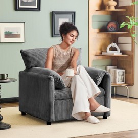 YEEFY Corduroy Single Sofa Chair Modern Upholstered Accent Chair for Reading Comfy Living Room Chair with Side Pocket Oversized Armchair for Bedroom Lounge(Charcoal)