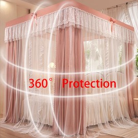 SCMTYWCQ 4 Corners Post Solid Color Bed Canopy Curtain Double Layer-Curtain & Ruffle Princess Mosquito Net 4 Opening Netting for Girls Teens Or Adults Bedroom Decoration (Pink-Jade, King)