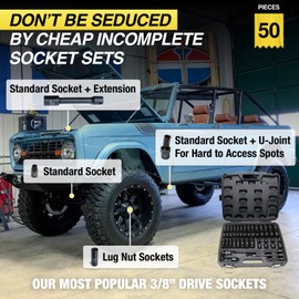 TIGHTSPOT 3/8" Drive 50pc Impact Socket PRO SET, our Most Popular Set Ever with SAE & Metric from 5/16 Inch - 3/4 Inch, 8mm-19mm + 21mm + 22mm, Standard/Deep Sockets, Extension Bars, Adapters & More