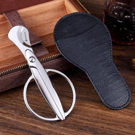 KEENSUN Cigar Scissors Cutter, Stainless Steel Guillotine Double Blade Straight Cut Scissors (Silver) with Leather Case Cigar Accessories for Cigars (2.75" Handle Width)