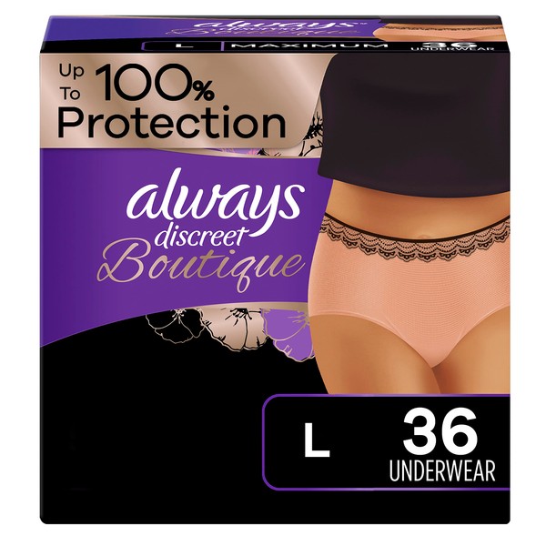 Always Discreet Boutique, Incontinence & Postpartum Underwear For Women, Size Large, Peach, Maximum Absorbency, Disposable, 18 Count X 2 Packs (36 Count Total)