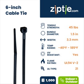 ZipTie.com 6-inch UV Resistant Black Multi-Purpose Cable Tie, 45-lb Tensile Strength, UL 21 Listed, 1,000-Pack