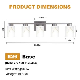 Mieloxiy 5-Light Bathroom Light Fixtures, Modern Vanity Lights, Brushed Nickel Metal Wall Lamp with White Marble Glass for Bathroom, Mirror, Living Room, Bedroom, Cabinet, Porch, Hallway, E26 Base