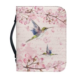 ZIATUBLES Hummingbird Floral Pink Print Bible Covers for Women Men PU Leather Bible Case Bible Bag with Handle Bible Tote Bag Zipper Bible Cover for Bible Study Supplies, L