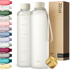 KIVY Slim Water Bottle 32oz [Lightweight & Shatterproof] Fits Cupholder & Backpack - Dishwasher safe water bottle no straw - Cute aesthetic water bottles screw top - Bpa free, Gold, White water bottle