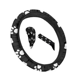 Belidome Car Steering Wheel Cover with Dog Paw Full Set with Handbrake Gear Knob Universal Fit Durable Stretchy White
