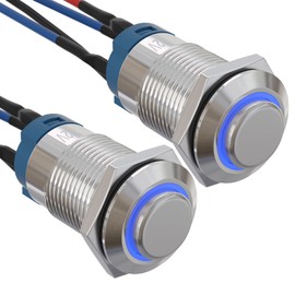 APIELE (Pcs of 2) 12mm Latching Push Button Switch High Round Head Stainless Steel 1 Normally Open with Ring Led (Blue)