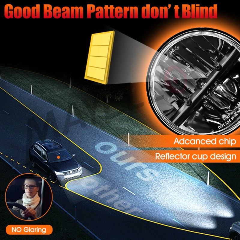 mayello 7" Inch Round Led Headlight Hi/Lo Beam For Chevy