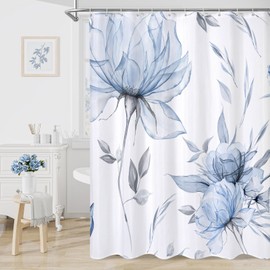 Litabel Long Boho Watercolor Floral Shower Curtain 72 x 78, Blue and Grey Ink Painting Style Flower Shower Curtains for Chic Elegant Bathroom, Artistic 78 Inch Long Fabric Shower Curtain