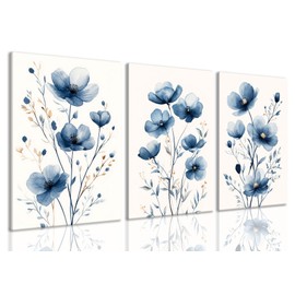 okudolit Navy Blue Wildflower Framed Canvas Wall Art Set Of 3 Flowers Pictures Prints Flowers Printing Floral Watercolors Flower wall Decor Living Room Bedroom Dinning Room Farmhouse Office-12x16in