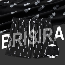 BRISIRA - Traje de baño para hombre, secado rápido, 5 pulgadas, con entrepierna elástica, con forro de compresión, bolsillo con cierre, negro (Black Pineapple), 28