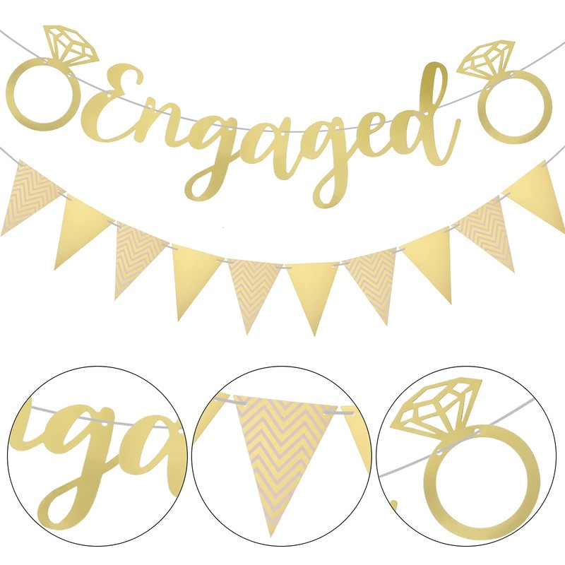 Pinenuts 2 Pcs Gold Engagement Banners, Engaged Bunting Letters &