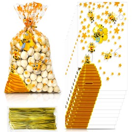 100pcs Cellophane Bags - Yellow Honey Bee Treat Bags, 6"10" with 100 Gold Twist Ties for Party Favors