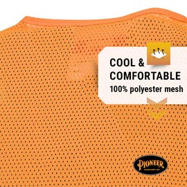 Pioneer Hi Vis Mesh Safety Vest - for Traffic & Public Workers - Cool & Lightweight - Class 2 - Reflective Tape - Orange