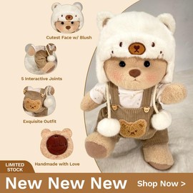 Cuddly Teddy Bear Collection – Different Styles with Changeable Outfits! Plush Toys for Boys & Girls:_White Mink Hat Brown Overalls With Brown Bear