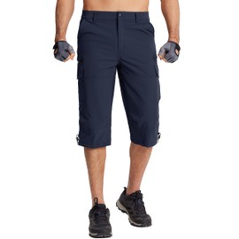 TACVASEN Men's Shorts Quick Dry Capri Pants Knee Length Multi-Pocket Capri Long Shorts Cargo Shorts Navy, 38