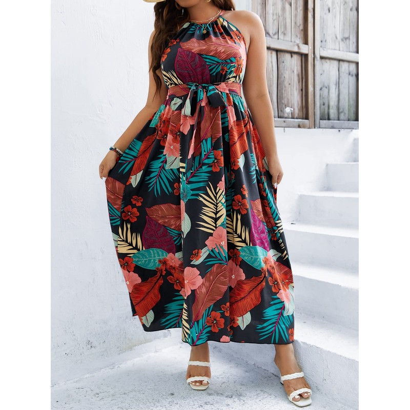 Floerns Women's Plus Size Boho Sleeveless Halter Neck Tie Back